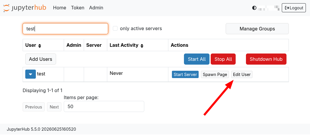 Screenshot showing the user and edit button in the admin console