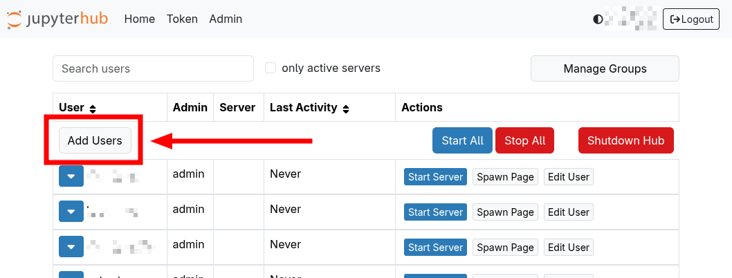 Screenshot showing the "Add Users" button in the admin console