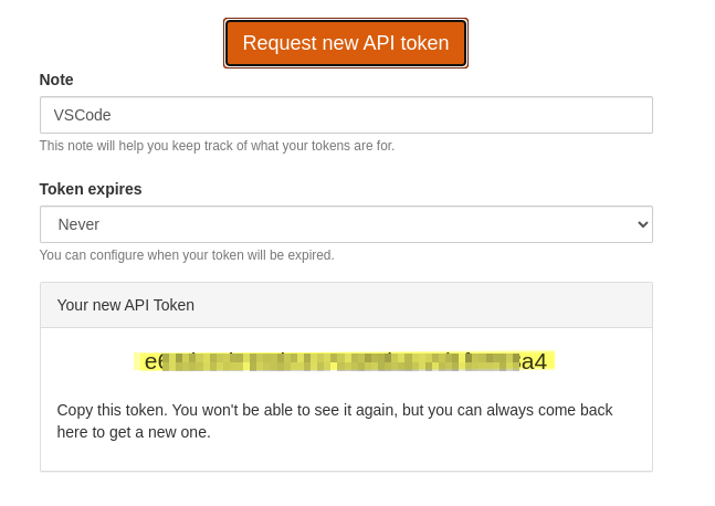 A screenshot showing the create API token page